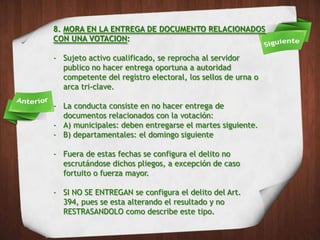 8. MORA EN LA ENTREGA DE DOCUMENTO RELACIONADOS
CON UNA VOTACION:

- Sujeto activo cualificado, se reprocha al servidor
  publico no hacer entrega oportuna a autoridad
  competente del registro electoral, los sellos de urna o
  arca tri-clave.

- La conducta consiste en no hacer entrega de
  documentos relacionados con la votación:
- A) municipales: deben entregarse el martes siguiente.
- B) departamentales: el domingo siguiente

- Fuera de estas fechas se configura el delito no
  escrutándose dichos pliegos, a excepción de caso
  fortuito o fuerza mayor.

- SI NO SE ENTREGAN se configura el delito del Art.
  394, pues se esta alterando el resultado y no
  RESTRASANDOLO como describe este tipo.
 