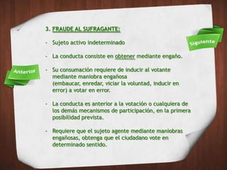 3. FRAUDE AL SUFRAGANTE:

- Sujeto activo indeterminado

- La conducta consiste en obtener mediante engaño.

- Su consumación requiere de inducir al votante
  mediante maniobra engañosa
  (embaucar, enredar, viciar la voluntad, inducir en
  error) a votar en error.

- La conducta es anterior a la votación o cualquiera de
  los demás mecanismos de participación, en la primera
  posibilidad prevista.

- Requiere que el sujeto agente mediante maniobras
  engañosas, obtenga que el ciudadano vote en
  determinado sentido.
 