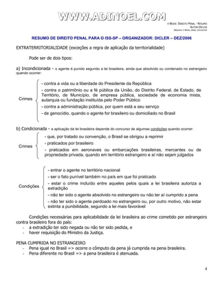 WWWWWWWWW...AAADDDIIINNNOOOEEELLL...CCCOOOMMM E-BOOK: DIREITO PENAL - RESUMO
AUTOR:DICLER
ARQUIVO: E-BOOK_PENAL_DICLER.PDF
RESUMO DE DIREITO PENAL PARA O ISS-SP – ORGANIZADOR: DICLER – DEZ/2006
4
EXTRATERRITORIALIDADE (exceções a regra de aplicação da territorialidade)
Pode ser de dois tipos:
a) Incondicionada - o agente é punido segundo a lei brasileira, ainda que absolvido ou condenado no estrangeiro
quando ocorrer:
b) Condicionada - a aplicação da lei brasileira depende do concurso de algumas condições quando ocorrer:
Condições necessárias para aplicabilidade da lei brasileira ao crime cometido por estrangeiro
contra brasileiro fora do país:
- a extradição ter sido negada ou não ter sido pedida, e
- haver requisição do Ministro da Justiça.
PENA CUMPRIDA NO ESTRANGEIRO
- Pena igual no Brasil => ocorre o cômputo da pena já cumprida na pena brasileira.
- Pena diferente no Brasil => a pena brasileira é atenuada.
Crimes
- contra a vida ou a liberdade do Presidente da República
- contra o patrimônio ou a fé pública da União, do Distrito Federal, de Estado, de
Território, de Município, de empresa pública, sociedade de economia mista,
autarquia ou fundação instituída pelo Poder Público
- contra a administração pública, por quem está a seu serviço
- de genocídio, quando o agente for brasileiro ou domiciliado no Brasil
Crimes
- que, por tratado ou convenção, o Brasil se obrigou a reprimir
- praticados por brasileiro
- praticados em aeronaves ou embarcações brasileiras, mercantes ou de
propriedade privada, quando em território estrangeiro e aí não sejam julgados
Condições
- entrar o agente no território nacional
- ser o fato punível também no país em que foi praticado
- estar o crime incluído entre aqueles pelos quais a lei brasileira autoriza a
extradição
- não ter sido o agente absolvido no estrangeiro ou não ter aí cumprido a pena
- não ter sido o agente perdoado no estrangeiro ou, por outro motivo, não estar
extinta a punibilidade, segundo a lei mais favorável
 