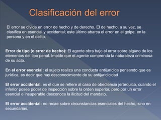 El error se divide en error de hecho y de derecho. El de hecho, a su vez, se
clasifica en esencial y accidental; este último abarca el error en el golpe, en la
persona y en el delito.
Error de tipo (o error de hecho): El agente obra bajo el error sobre alguno de los
elementos del tipo penal. Impide que el agente comprenda la naturaleza criminosa
de su acto.
En el error esencial: el sujeto realiza una conducta antijurídica pensando que es
jurídica, es decir que hay desconocimiento de su antijuridicidad
El error accidental. es el que se refiere al caso de obediencia jerárquica, cuando el
inferior posee poder de inspección sobre la orden superior, pero por un error
esencial e insuperable desconoce la ilicitud del mandato.
El error accidental: no recae sobre circunstancias esenciales del hecho, sino en
secundarias.
 
