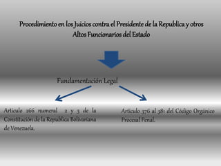 Procedimiento en los Juicios contra el Presidentede la Republica y otros
Altos Funcionarios del Estado
Fundamentación Legal
Articulo 266 numeral 2 y 3 de la
Constitución de la Republica Bolivariana
de Venezuela.
Articulo 376 al 381 del Código Orgánico
Procesal Penal.
 