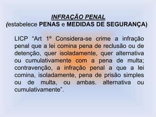 INFRAÇÃO PENAL
(estabelece PENAS e MEDIDAS DE SEGURANÇA)
LICP “Art 1º Considera-se crime a infração
penal que a lei comina pena de reclusão ou de
detenção, quer isoladamente, quer alternativa
ou cumulativamente com a pena de multa;
contravenção, a infração penal a que a lei
comina, isoladamente, pena de prisão simples
ou de multa, ou ambas. alternativa ou
cumulativamente”.
 