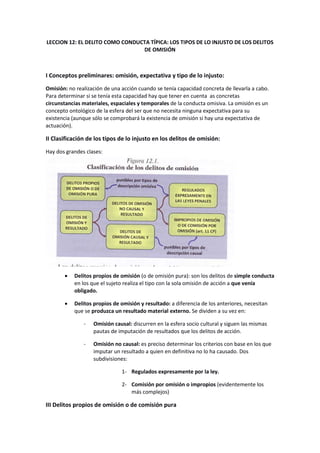LECCION 12: EL DELITO COMO CONDUCTA TÍPICA: LOS TIPOS DE LO INJUSTO DE LOS DELITOS
DE OMISIÓN
I Conceptos preliminares: omisión, expectativa y tipo de lo injusto:
Omisión: no realización de una acción cuando se tenía capacidad concreta de llevarla a cabo.
Para determinar si se tenía esta capacidad hay que tener en cuenta as concretas
circunstancias materiales, espaciales y temporales de la conducta omisiva. La omisión es un
concepto ontológico de la esfera del ser que no necesita ninguna expectativa para su
existencia (aunque sólo se comprobará la existencia de omisión si hay una expectativa de
actuación).
II Clasificación de los tipos de lo injusto en los delitos de omisión:
Hay dos grandes clases:
• Delitos propios de omisión (o de omisión pura): son los delitos de simple conducta
en los que el sujeto realiza el tipo con la sola omisión de acción a que venía
obligado.
• Delitos propios de omisión y resultado: a diferencia de los anteriores, necesitan
que se produzca un resultado material externo. Se dividen a su vez en:
- Omisión causal: discurren en la esfera socio cultural y siguen las mismas
pautas de imputación de resultados que los delitos de acción.
- Omisión no causal: es preciso determinar los criterios con base en los que
imputar un resultado a quien en definitiva no lo ha causado. Dos
subdivisiones:
1- Regulados expresamente por la ley.
2- Comisión por omisión o impropios (evidentemente los
más complejos)
III Delitos propios de omisión o de comisión pura
 