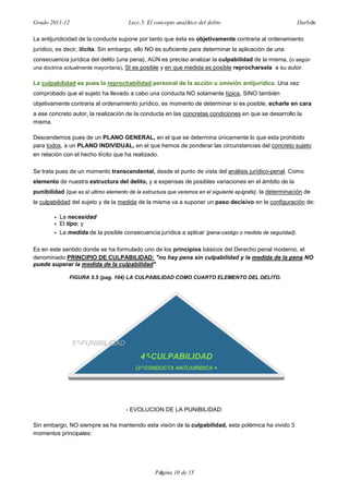 Grado 2011-12 Lecc.5. El concepto analítico del delito Darbón
Página 10 de 15
La antijuridicidad de la conducta supone por tanto que ésta es objetivamente contraria al ordenamiento
jurídico, es decir, ilícita. Sin embargo, ello NO es suficiente para determinar la aplicación de una
consecuencia jurídica del delito {una pena}, AÚN es preciso analizar la culpabilidad de la misma, (o según
una doctrina actualmente mayoritaria), SI es posible y en que medida es posible reprocharsela a su autor.
La culpabilidad es pues la reprochabilidad personal de la acción u omisión antijurídica. Una vez
comprobado que el sujeto ha llevado a cabo una conducta NO solamente típica, SINO también
objetivamente contraria al ordenamiento jurídico, es momento de determinar si es posible, echarle en cara
a ese concreto autor, la realización de la conducta en las concretas condiciones en que se desarrollo la
misma.
Descendemos pues de un PLANO GENERAL, en el que se determina únicamente lo que esta prohibido
para todos, a un PLANO INDIVIDUAL, en el que hemos de ponderar las circunstancias del concreto sujeto
en relación con el hecho ilícito que ha realizado.
Se trata pues de un momento transcendental, desde el punto de vista del análisis jurídico-penal. Como
elemento de nuestra estructura del delito, y a expensas de posibles variaciones en el ámbito de la
punibilidad {que es el ultimo elemento de la estructura que veremos en el siguiente epígrafe}, la determinación de
la culpabilidad del sujeto y de la medida de la misma va a suponer un paso decisivo en la configuración de:
• La necesidad
• El tipo; y
• La medida de la posible consecuencia jurídica a aplicar {pena-castigo o medida de seguridad}.
Es en este sentido donde se ha formulado uno de los principios básicos del Derecho penal moderno, el
denominado PRINCIPIO DE CULPABILIDAD: "no hay pena sin culpabilidad y la medida de la pena NO
puede superar la medida de la culpabilidad"
FIGURA 5.5 (pag. 104) LA CULPABILIDAD COMO CUARTO ELEMENTO DEL DELITO.
- EVOLUCION DE LA PUNIBILIDAD:
Sin embargo, NO siempre se ha mantenido esta visión de la culpabilidad, esta polémica ha vivido 3
momentos principales:
5º-PUNIBILIDAD
4º-CULPABILIDAD
(3º CONDUCTA ANTIJURIDICA =
 