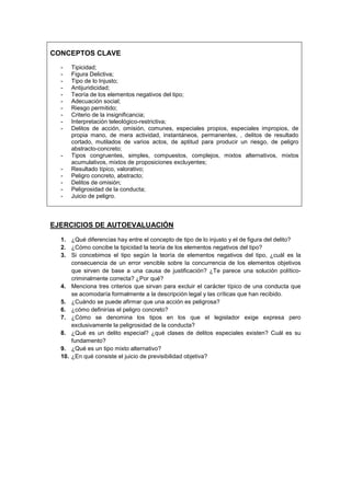 CONCEPTOS CLAVE
- Tipicidad;
- Figura Delictiva;
- Tipo de lo Injusto;
- Antijuridicidad;
- Teoría de los elementos negativos del tipo;
- Adecuación social;
- Riesgo permitido;
- Criterio de la insignificancia;
- Interpretación teleológico-restrictiva;
- Delitos de acción, omisión, comunes, especiales propios, especiales impropios, de
propia mano, de mera actividad, instantáneos, permanentes, , delitos de resultado
cortado, mutilados de varios actos, de aptitud para producir un riesgo, de peligro
abstracto-concreto;
- Tipos congruentes, simples, compuestos, complejos, mixtos alternativos, mixtos
acumulativos, mixtos de proposiciones excluyentes;
- Resultado típico, valorativo;
- Peligro concreto, abstracto;
- Delitos de omisión;
- Peligrosidad de la conducta;
- Juicio de peligro.
EJERCICIOS DE AUTOEVALUACIÓN
1. ¿Qué diferencias hay entre el concepto de tipo de lo injusto y el de figura del delito?
2. ¿Cómo concibe la tipicidad la teoría de los elementos negativos del tipo?
3. Si concebimos el tipo según la teoría de elementos negativos del tipo, ¿cuál es la
consecuencia de un error vencible sobre la concurrencia de los elementos objetivos
que sirven de base a una causa de justificación? ¿Te parece una solución político-
criminalmente correcta? ¿Por qué?
4. Menciona tres criterios que sirvan para excluir el carácter típico de una conducta que
se acomodaría formalmente a la descripción legal y las críticas que han recibido.
5. ¿Cuándo se puede afirmar que una acción es peligrosa?
6. ¿cómo definirías el peligro concreto?
7. ¿Cómo se denomina los tipos en los que el legislador exige expresa pero
exclusivamente la peligrosidad de la conducta?
8. ¿Qué es un delito especial? ¿qué clases de delitos especiales existen? Cuál es su
fundamento?
9. ¿Qué es un tipo mixto alternativo?
10. ¿En qué consiste el juicio de previsibilidad objetiva?
 