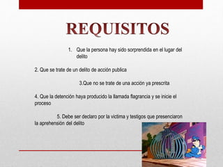 1. Que la persona hay sido sorprendida en el lugar del
delito
2. Que se trate de un delito de acción publica
3.Que no se trate de una acción ya prescrita
4. Que la detención haya producido la llamada flagrancia y se inicie el
proceso
5. Debe ser declaro por la victima y testigos que presenciaron
la aprehensión del delito
 