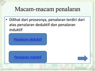 Macam-macam penalaran
• Dilihat dari prosesnya, penalaran terdiri dari
  atas penalaran deduktif dan penalaran
  induktif

    Penalaran deduktif



     Penalaran induktif
 