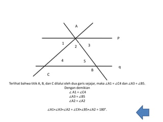 A

                                                                          P
                                    1                  3
                                             2


                                    4              5
                                                                           q
                                                           B
                          C

Terlihat bahwa titik A, B, dan C dilalui oleh dua garis sejajar, maka ∠A1 = ∠C4 dan ∠A3 = ∠B5.
                                         Dengan demikian
                                            ∠ A1 = ∠C4
                                            ∠A3 = ∠B5
                                            ∠A2 = ∠A2

                          ∠A1+∠A3+∠A2 = ∠C4+∠B5+∠A2 = 180°.
 