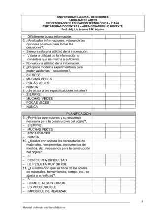 UNIVERSIDAD NACIONAL DE MISIONES
                                   FACULTAD DE ARTES
                    PROFESORADO DE EDUCACIÓN TECNOLÓGICA - 3° AÑO
                  ESRTATEGIAS DOCENTES II – AREA DESARROLLO DOCENTE
                             Prof. Adj: Lic. Ivonne S.M. Aquino

− Difícilmente busca información.
6. ¿Analiza las informaciones, valorando las
   opciones posibles para tomar las
   decisiones?.
− Siempre valora la utilidad de la información.
− Valora la utilidad de la información si
    considera que es mucha o suficiente.
− No valora la utilidad de la información.
7. ¿Propone modelos experimentales para
   poder validar las soluciones?.
− SIEMPRE
− MUCHAS VECES
− POCAS VECES
− NUNCA
8. ¿Se ajusta a las especificaciones iniciales?
− SIEMPRE
− MUCHAS VECES
− POCAS VECES
− NUNCA

                               PLANIFICACIÓN
9. ¿Prevé las operaciones y su secuencia
   necesaria para la construcción del objeto?.
− SIEMPRE
− MUCHAS VECES
− POCAS VECES
− NUNCA
10. ¿Realiza con soltura las necesidades de
   materiales, herramientas, instrumentos de
   medida, etc., necesarios para la construcción
   del objeto?.
− SI
− CON CIERTA DIFICULTAD
− LE RESULTA MUY DIFÍCIL
11. ¿La estimación que se hace de los costes
   de materiales, herramientas, tiempo, etc., se
   ajusta a la realidad?.
− SI
− COMETE ALGUN ERROR
− ES POCO CREÍBLE
− IMPOSIBLE DE REALIZAR


_________________________________________________________________________________   11

Material elaborado con fines didácticos
 
