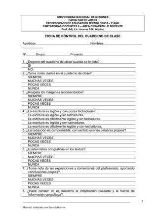 UNIVERSIDAD NACIONAL DE MISIONES
                                     FACULTAD DE ARTES
                      PROFESORADO DE EDUCACIÓN TECNOLÓGICA - 3° AÑO
                    ESRTATEGIAS DOCENTES II – AREA DESARROLLO DOCENTE
                               Prof. Adj: Lic. Ivonne S.M. Aquino

                       FICHA DE CONTROL DEL CUADERNO DE CLASE

Apellidos..............................................................Nombres............................................
.......................

Nº...........Grupo.............................Proyecto...................................................................

1. ¿Dispone del cuaderno de clase cuando se le pide?.
    SÍ
    NO
2. ¿Toma notas diarias en el cuaderno de clase?.
    SIEMPRE
    MUCHAS VECES
    POCAS VECES
    NUNCA
3. ¿Respeta los márgenes recomendados?
    SIEMPRE
    MUCHAS VECES
    POCAS VECES
    NUNCA
4. ¿La escritura es legible y con pocas tachaduras?.
    La escritura es legible y sin tachaduras.
    La escritura es difícilmente legible y sin tachaduras.
    La escritura es legible y con tachaduras.
    La escritura es difícilmente legible y con tachaduras.
5. ¿La redacción es comprensible, con sentido usando palabras propias?
    SIEMPRE
    MUCHAS VECES
    POCAS VECES
    NUNCA
6. ¿Existen faltas ortográficas en los textos?.
    SIEMPRE
    MUCHAS VECES
    POCAS VECES
    NUNCA
7. ¿Toma nota de las exposiciones y comentarios del profesorado, aportando
    conclusiones propias?.
    SIEMPRE
    MUCHAS VECES
    POCAS VECES
    NUNCA
8. ¿Hace constar en el cuaderno la información buscada y la fuente de
    información consultada?.

_________________________________________________________________________________                                       15

Material elaborado con fines didácticos
 
