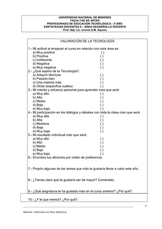 UNIVERSIDAD NACIONAL DE MISIONES
                                   FACULTAD DE ARTES
                    PROFESORADO DE EDUCACIÓN TECNOLÓGICA - 3° AÑO
                  ESRTATEGIAS DOCENTES II – AREA DESARROLLO DOCENTE
                             Prof. Adj: Lic. Ivonne S.M. Aquino



                                 VALORACIÓN DE LA TECNOLOGÍA

    1.- Mi actitud al empezar el curso en relación con esta área es:
        a) Muy positiva                                 ()
        b) Positiva                                    ()
        c) Indiferente                                 ()
        d) Negativa                                    ()
        e) Muy negativa                                ()
    2.- ¿Qué espero de la Tecnología?.
        a) Adquirir técnicas                           ()
        b) Pasarlo bien                                ()
        c) Una materia más                             ()
        d) Otras (especifica cuáles)                   ()
    3.- Mi interés y esfuerzo personal para aprender creo que será:
        a) Muy alto                                    ()
        b) Alto                                        ()
        c) Medio                                       ()
        d) Bajo                                        ()
        e) Muy bajo                                    ()
    4.- Mi participación en los diálogos y debates con toda la clase creo que será:
        a) Muy alta                                    ()
        b) Alta                                        ()
        c) Mediana                                     ()
        d) Baja                                        ()
        e) Muy baja                                    ()
    5.- Mi resultado individual creo que será:
        a) Muy alto                                    ()
        b) Alto                                        ()
        c) Medio                                       ()
        d) Bajo                                        ()
        e) Muy bajo                                    ()
    6.- Enumera tus aficiones por orden de preferencia.


    7.- Propón algunas de las tareas que más te gustaría llevar a cabo este año.


    8.- ¿Tienes claro qué te gustaría ser de mayor? Coméntalo.


    9.- ¿Qué asignatura te ha gustado más en el curso anterior? ¿Por qué?.

    10.- ¿Y la que menos? ¿Por qué?.
_________________________________________________________________________________     6

Material elaborado con fines didácticos
 