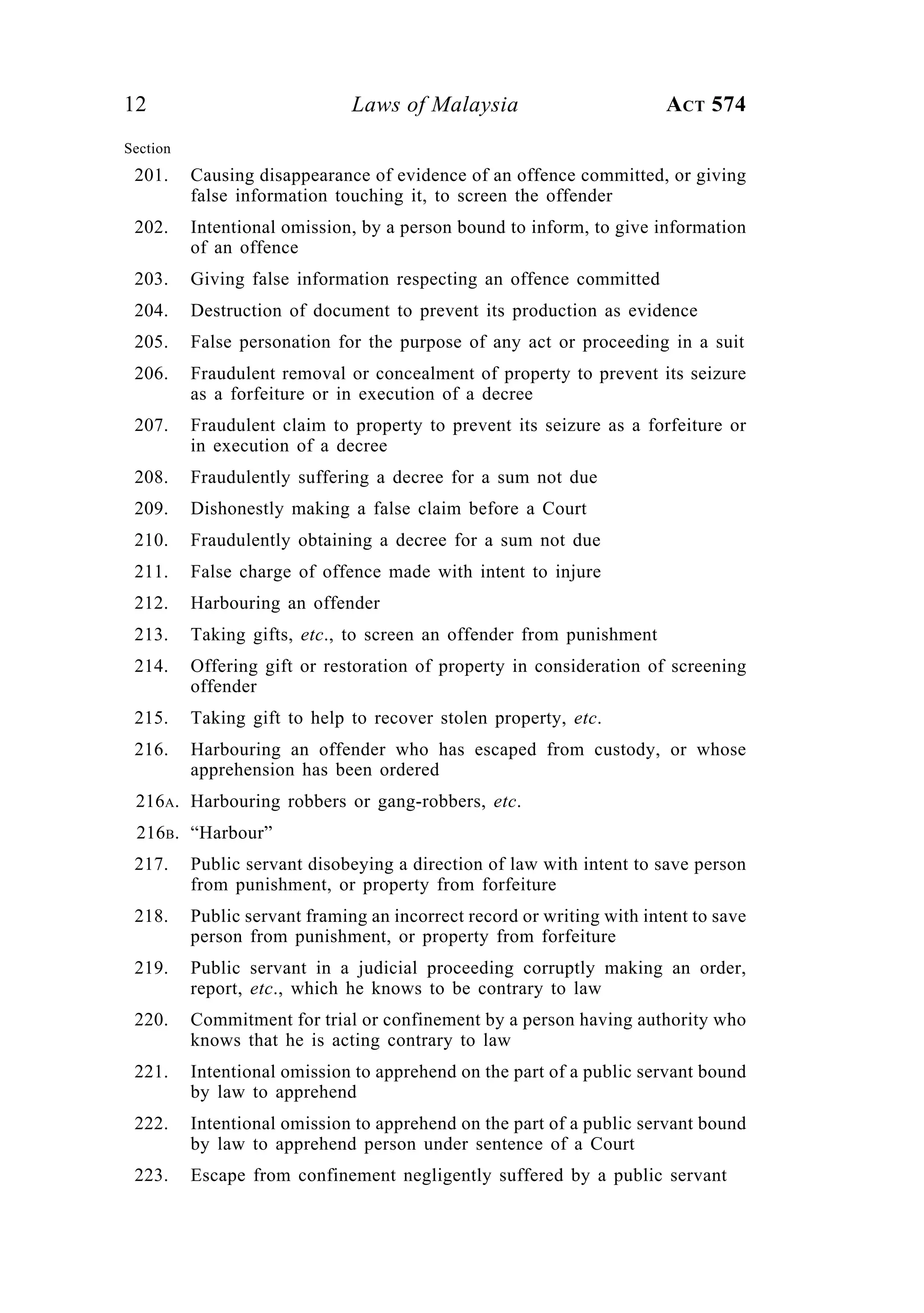 12 Laws of Malaysia ACT 574
Section
201. Causing disappearance of evidence of an offence committed, or giving
false information touching it, to screen the offender
202. Intentional omission, by a person bound to inform, to give information
of an offence
203. Giving false information respecting an offence committed
204. Destruction of document to prevent its production as evidence
205. False personation for the purpose of any act or proceeding in a suit
206. Fraudulent removal or concealment of property to prevent its seizure
as a forfeiture or in execution of a decree
207. Fraudulent claim to property to prevent its seizure as a forfeiture or
in execution of a decree
208. Fraudulently suffering a decree for a sum not due
209. Dishonestly making a false claim before a Court
210. Fraudulently obtaining a decree for a sum not due
211. False charge of offence made with intent to injure
212. Harbouring an offender
213. Taking gifts, etc., to screen an offender from punishment
214. Offering gift or restoration of property in consideration of screening
offender
215. Taking gift to help to recover stolen property, etc.
216. Harbouring an offender who has escaped from custody, or whose
apprehension has been ordered
216A. Harbouring robbers or gang-robbers, etc.
216B. “Harbour”
217. Public servant disobeying a direction of law with intent to save person
from punishment, or property from forfeiture
218. Public servant framing an incorrect record or writing with intent to save
person from punishment, or property from forfeiture
219. Public servant in a judicial proceeding corruptly making an order,
report, etc., which he knows to be contrary to law
220. Commitment for trial or confinement by a person having authority who
knows that he is acting contrary to law
221. Intentional omission to apprehend on the part of a public servant bound
by law to apprehend
222. Intentional omission to apprehend on the part of a public servant bound
by law to apprehend person under sentence of a Court
223. Escape from confinement negligently suffered by a public servant
 