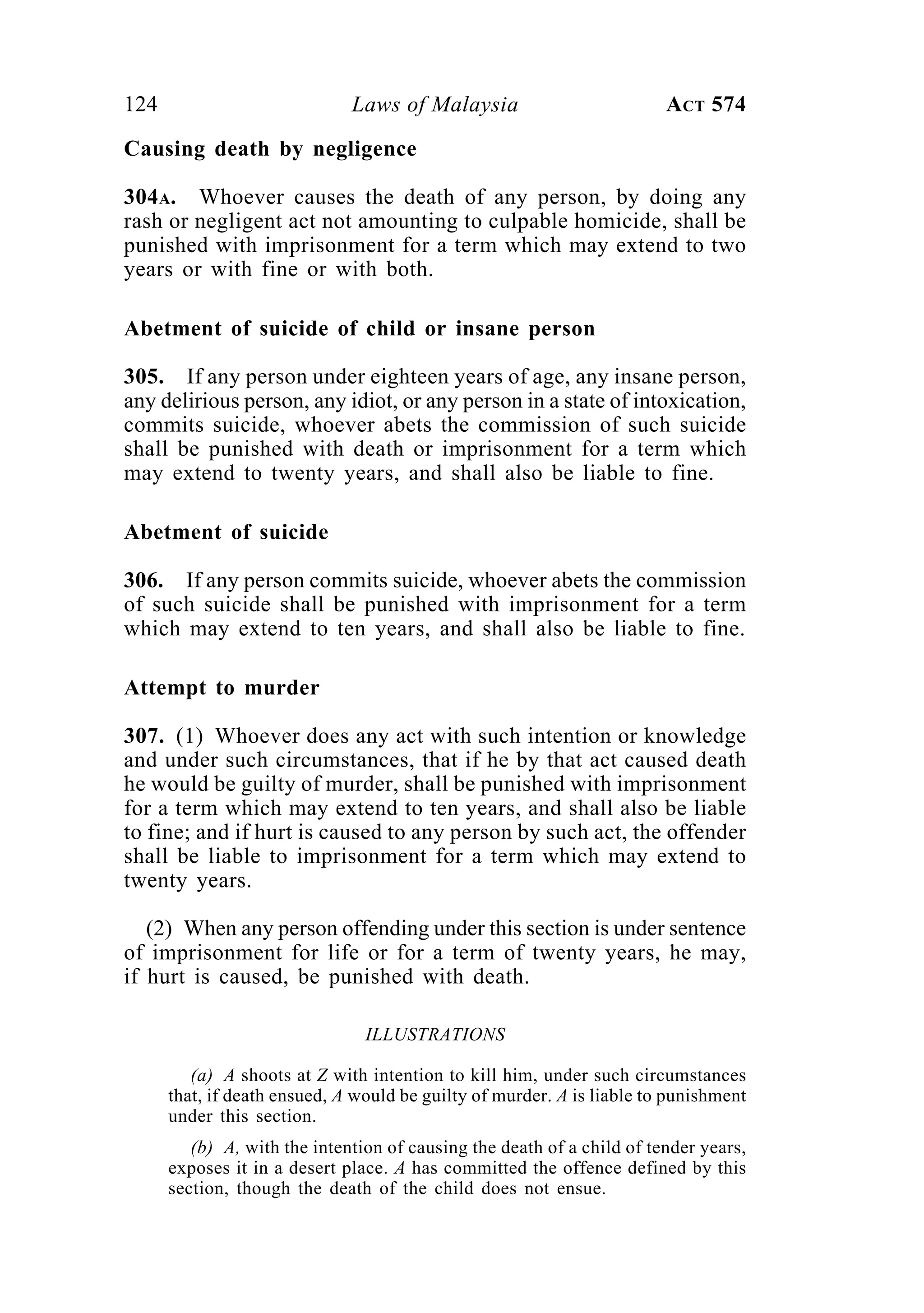 124 Laws of Malaysia ACT 574
Causing death by negligence
304A. Whoever causes the death of any person, by doing any
rash or negligent act not amounting to culpable homicide, shall be
punished with imprisonment for a term which may extend to two
years or with fine or with both.
Abetment of suicide of child or insane person
305. If any person under eighteen years of age, any insane person,
any delirious person, any idiot, or any person in a state of intoxication,
commits suicide, whoever abets the commission of such suicide
shall be punished with death or imprisonment for a term which
may extend to twenty years, and shall also be liable to fine.
Abetment of suicide
306. If any person commits suicide, whoever abets the commission
of such suicide shall be punished with imprisonment for a term
which may extend to ten years, and shall also be liable to fine.
Attempt to murder
307. (1) Whoever does any act with such intention or knowledge
and under such circumstances, that if he by that act caused death
he would be guilty of murder, shall be punished with imprisonment
for a term which may extend to ten years, and shall also be liable
to fine; and if hurt is caused to any person by such act, the offender
shall be liable to imprisonment for a term which may extend to
twenty years.
(2) When any person offending under this section is under sentence
of imprisonment for life or for a term of twenty years, he may,
if hurt is caused, be punished with death.
ILLUSTRATIONS
(a) A shoots at Z with intention to kill him, under such circumstances
that, if death ensued, A would be guilty of murder. A is liable to punishment
under this section.
(b) A, with the intention of causing the death of a child of tender years,
exposes it in a desert place. A has committed the offence defined by this
section, though the death of the child does not ensue.
 