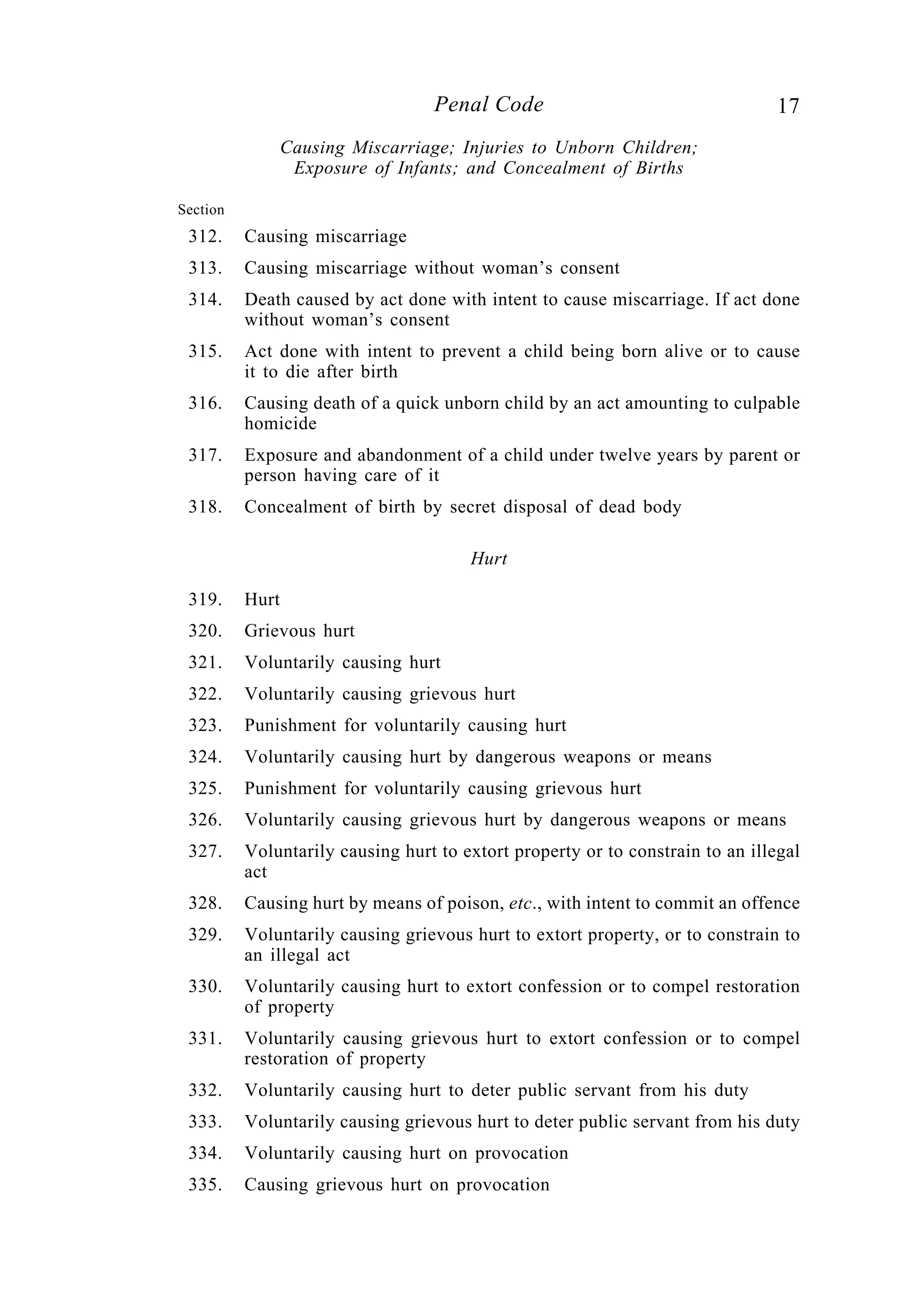 17Penal Code
Causing Miscarriage; Injuries to Unborn Children;
Exposure of Infants; and Concealment of Births
Section
312. Causing miscarriage
313. Causing miscarriage without woman’s consent
314. Death caused by act done with intent to cause miscarriage. If act done
without woman’s consent
315. Act done with intent to prevent a child being born alive or to cause
it to die after birth
316. Causing death of a quick unborn child by an act amounting to culpable
homicide
317. Exposure and abandonment of a child under twelve years by parent or
person having care of it
318. Concealment of birth by secret disposal of dead body
Hurt
319. Hurt
320. Grievous hurt
321. Voluntarily causing hurt
322. Voluntarily causing grievous hurt
323. Punishment for voluntarily causing hurt
324. Voluntarily causing hurt by dangerous weapons or means
325. Punishment for voluntarily causing grievous hurt
326. Voluntarily causing grievous hurt by dangerous weapons or means
327. Voluntarily causing hurt to extort property or to constrain to an illegal
act
328. Causing hurt by means of poison, etc., with intent to commit an offence
329. Voluntarily causing grievous hurt to extort property, or to constrain to
an illegal act
330. Voluntarily causing hurt to extort confession or to compel restoration
of property
331. Voluntarily causing grievous hurt to extort confession or to compel
restoration of property
332. Voluntarily causing hurt to deter public servant from his duty
333. Voluntarily causing grievous hurt to deter public servant from his duty
334. Voluntarily causing hurt on provocation
335. Causing grievous hurt on provocation
 