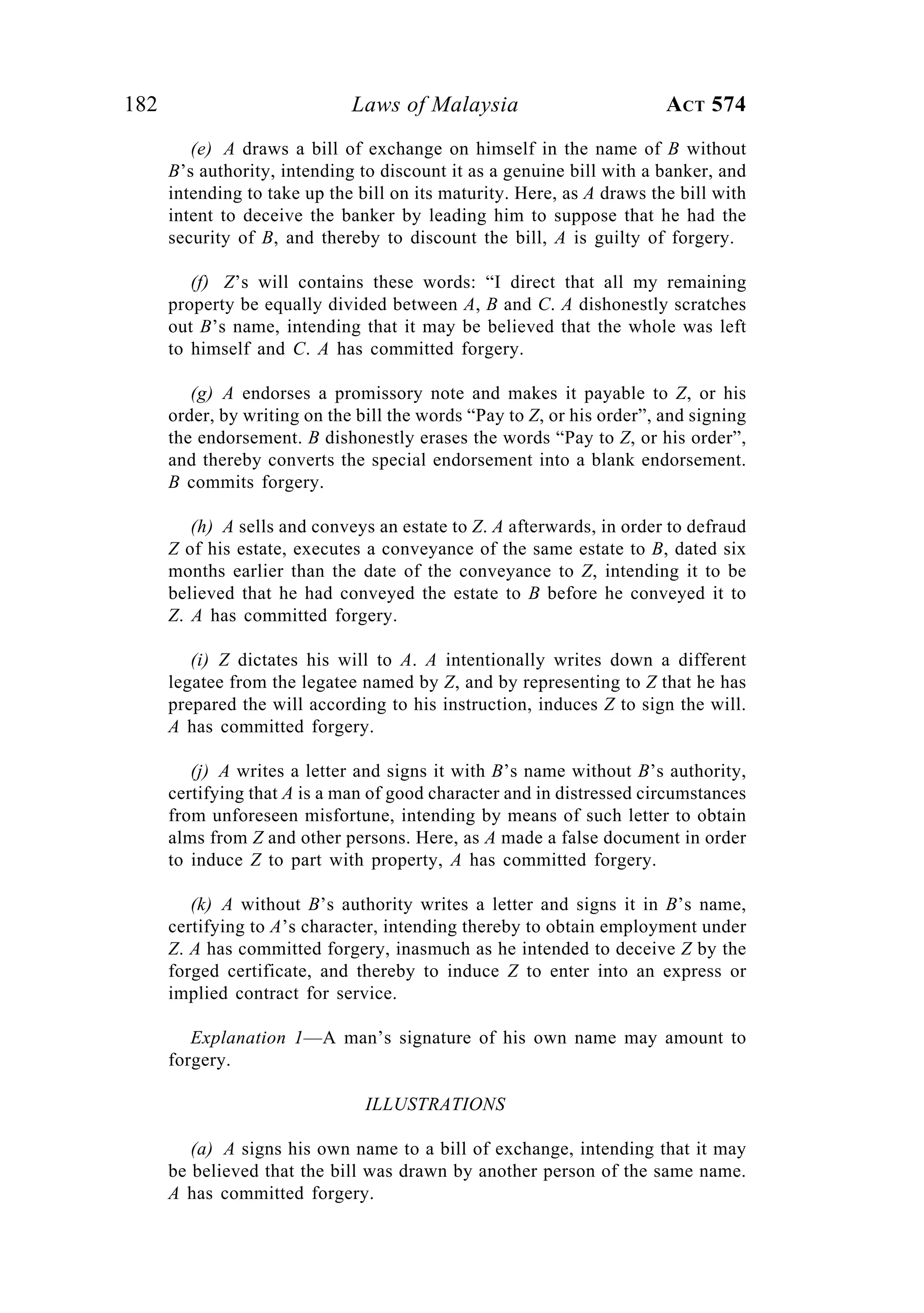 182 Laws of Malaysia ACT 574
(e) A draws a bill of exchange on himself in the name of B without
B’s authority, intending to discount it as a genuine bill with a banker, and
intending to take up the bill on its maturity. Here, as A draws the bill with
intent to deceive the banker by leading him to suppose that he had the
security of B, and thereby to discount the bill, A is guilty of forgery.
(f) Z’s will contains these words: “I direct that all my remaining
property be equally divided between A, B and C. A dishonestly scratches
out B’s name, intending that it may be believed that the whole was left
to himself and C. A has committed forgery.
(g) A endorses a promissory note and makes it payable to Z, or his
order, by writing on the bill the words “Pay to Z, or his order”, and signing
the endorsement. B dishonestly erases the words “Pay to Z, or his order”,
and thereby converts the special endorsement into a blank endorsement.
B commits forgery.
(h) A sells and conveys an estate to Z. A afterwards, in order to defraud
Z of his estate, executes a conveyance of the same estate to B, dated six
months earlier than the date of the conveyance to Z, intending it to be
believed that he had conveyed the estate to B before he conveyed it to
Z. A has committed forgery.
(i) Z dictates his will to A. A intentionally writes down a different
legatee from the legatee named by Z, and by representing to Z that he has
prepared the will according to his instruction, induces Z to sign the will.
A has committed forgery.
(j) A writes a letter and signs it with B’s name without B’s authority,
certifying that A is a man of good character and in distressed circumstances
from unforeseen misfortune, intending by means of such letter to obtain
alms from Z and other persons. Here, as A made a false document in order
to induce Z to part with property, A has committed forgery.
(k) A without B’s authority writes a letter and signs it in B’s name,
certifying to A’s character, intending thereby to obtain employment under
Z. A has committed forgery, inasmuch as he intended to deceive Z by the
forged certificate, and thereby to induce Z to enter into an express or
implied contract for service.
Explanation 1—A man’s signature of his own name may amount to
forgery.
ILLUSTRATIONS
(a) A signs his own name to a bill of exchange, intending that it may
be believed that the bill was drawn by another person of the same name.
A has committed forgery.
 