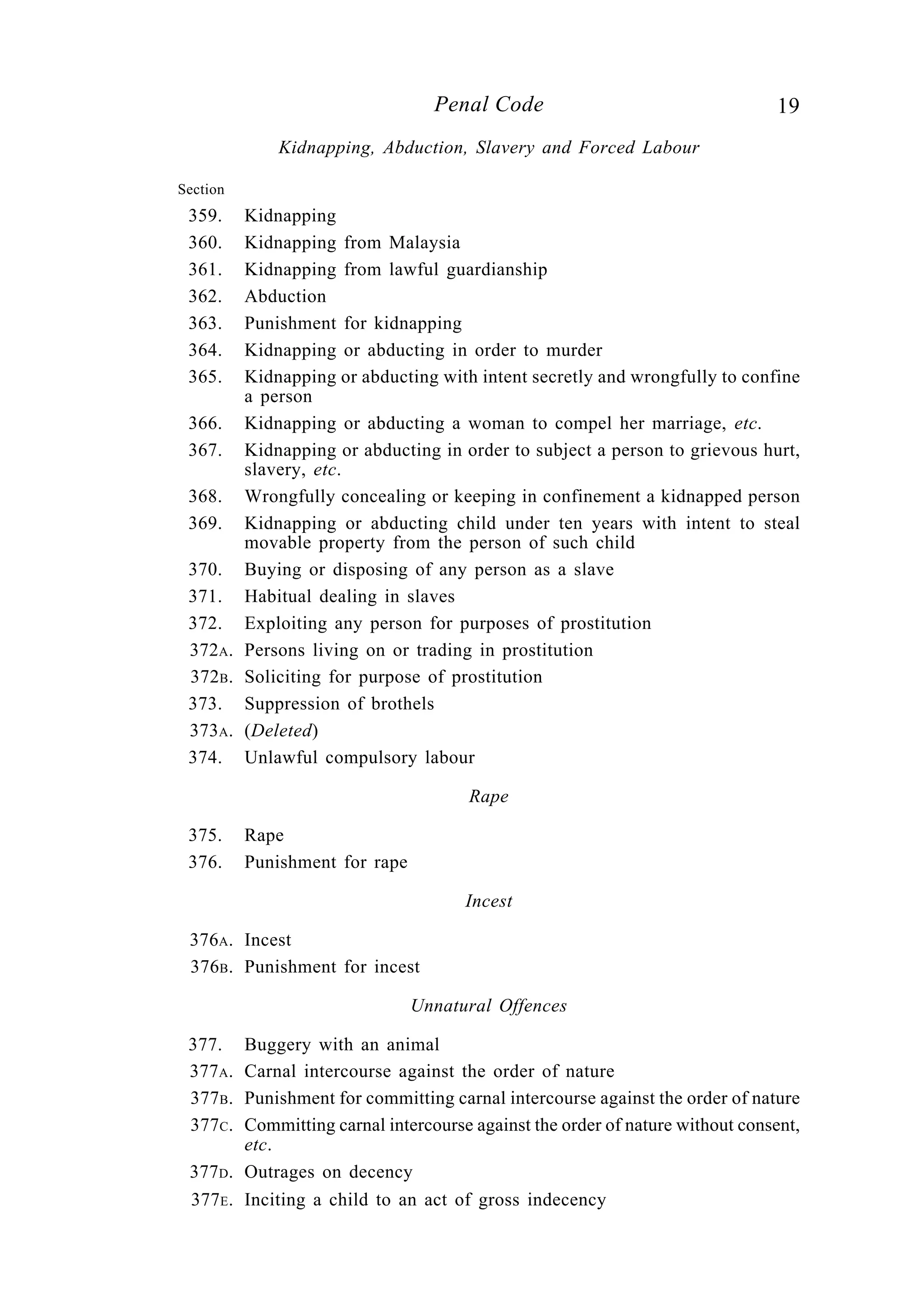 19Penal Code
Kidnapping, Abduction, Slavery and Forced Labour
Section
359. Kidnapping
360. Kidnapping from Malaysia
361. Kidnapping from lawful guardianship
362. Abduction
363. Punishment for kidnapping
364. Kidnapping or abducting in order to murder
365. Kidnapping or abducting with intent secretly and wrongfully to confine
a person
366. Kidnapping or abducting a woman to compel her marriage, etc.
367. Kidnapping or abducting in order to subject a person to grievous hurt,
slavery, etc.
368. Wrongfully concealing or keeping in confinement a kidnapped person
369. Kidnapping or abducting child under ten years with intent to steal
movable property from the person of such child
370. Buying or disposing of any person as a slave
371. Habitual dealing in slaves
372. Exploiting any person for purposes of prostitution
372A. Persons living on or trading in prostitution
372B. Soliciting for purpose of prostitution
373. Suppression of brothels
373A. (Deleted)
374. Unlawful compulsory labour
Rape
375. Rape
376. Punishment for rape
Incest
376A. Incest
376B. Punishment for incest
Unnatural Offences
377. Buggery with an animal
377A. Carnal intercourse against the order of nature
377B. Punishment for committing carnal intercourse against the order of nature
377C. Committing carnal intercourse against the order of nature without consent,
etc.
377D. Outrages on decency
377E. Inciting a child to an act of gross indecency
 