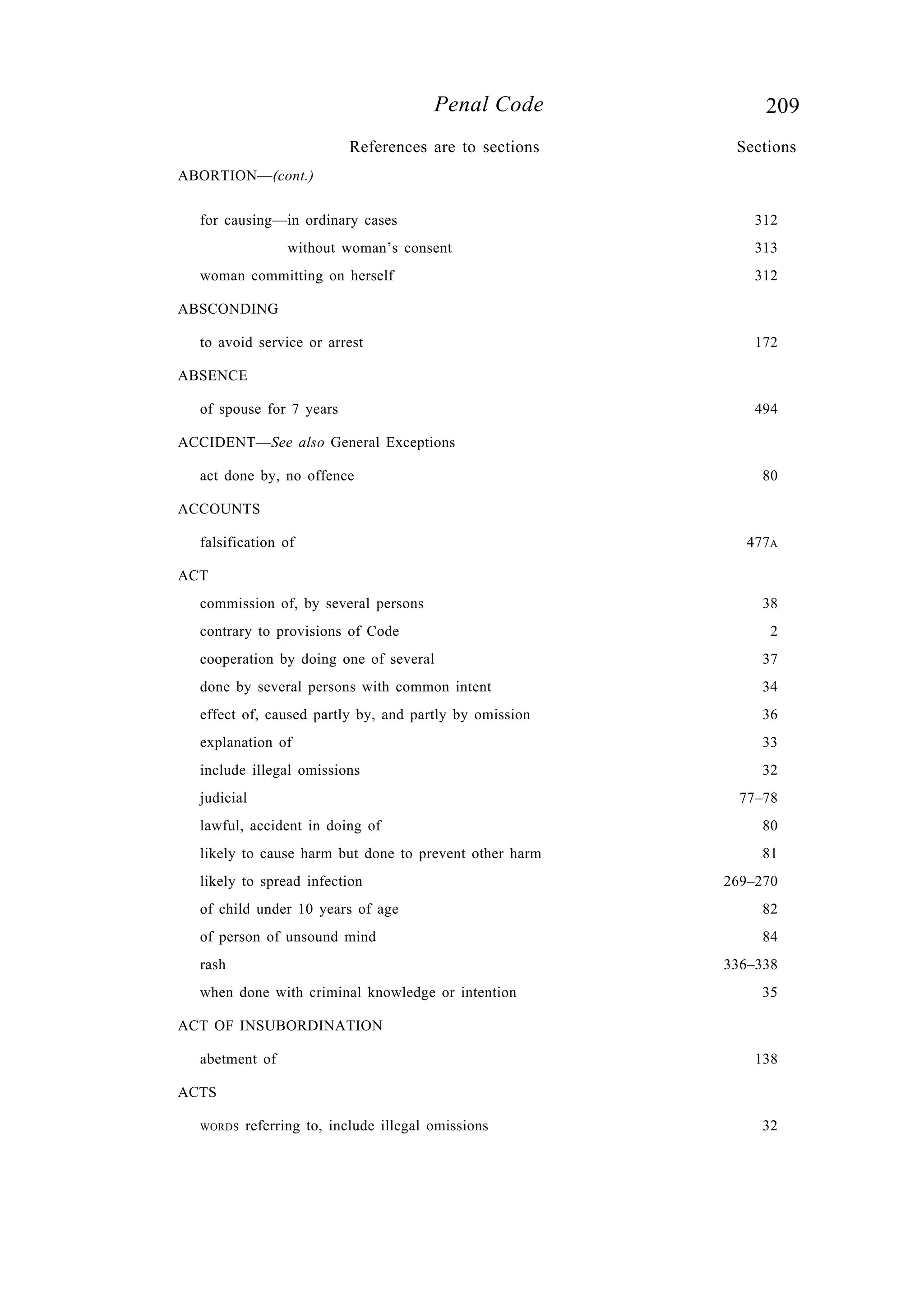209Penal Code
ABORTION—(cont.)
for causing—in ordinary cases 312
without woman’s consent 313
woman committing on herself 312
ABSCONDING
to avoid service or arrest 172
ABSENCE
of spouse for 7 years 494
ACCIDENT—See also General Exceptions
act done by, no offence 80
ACCOUNTS
falsification of 477A
ACT
commission of, by several persons 38
contrary to provisions of Code 2
cooperation by doing one of several 37
done by several persons with common intent 34
effect of, caused partly by, and partly by omission 36
explanation of 33
include illegal omissions 32
judicial 77–78
lawful, accident in doing of 80
likely to cause harm but done to prevent other harm 81
likely to spread infection 269–270
of child under 10 years of age 82
of person of unsound mind 84
rash 336–338
when done with criminal knowledge or intention 35
ACT OF INSUBORDINATION
abetment of 138
ACTS
WORDS referring to, include illegal omissions 32
References are to sections Sections
 