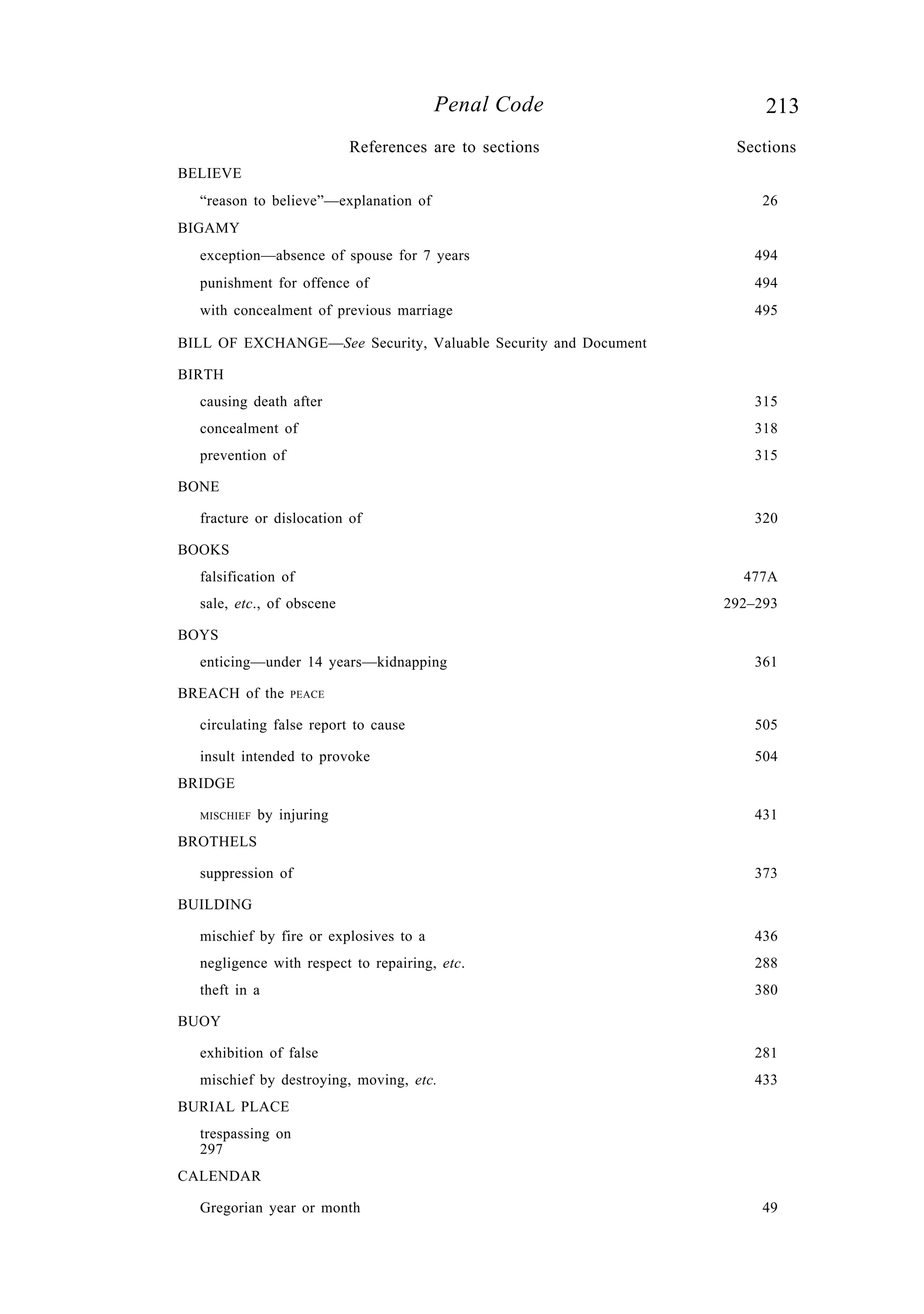213Penal Code
BELIEVE
“reason to believe”—explanation of 26
BIGAMY
exception—absence of spouse for 7 years 494
punishment for offence of 494
with concealment of previous marriage 495
BILL OF EXCHANGE—See Security, Valuable Security and Document
BIRTH
causing death after 315
concealment of 318
prevention of 315
BONE
fracture or dislocation of 320
BOOKS
falsification of 477A
sale, etc., of obscene 292–293
BOYS
enticing—under 14 years—kidnapping 361
BREACH of the PEACE
circulating false report to cause 505
insult intended to provoke 504
BRIDGE
MISCHIEF by injuring 431
BROTHELS
suppression of 373
BUILDING
mischief by fire or explosives to a 436
negligence with respect to repairing, etc. 288
theft in a 380
BUOY
exhibition of false 281
mischief by destroying, moving, etc. 433
BURIAL PLACE
trespassing on
297
CALENDAR
Gregorian year or month 49
References are to sections Sections
 