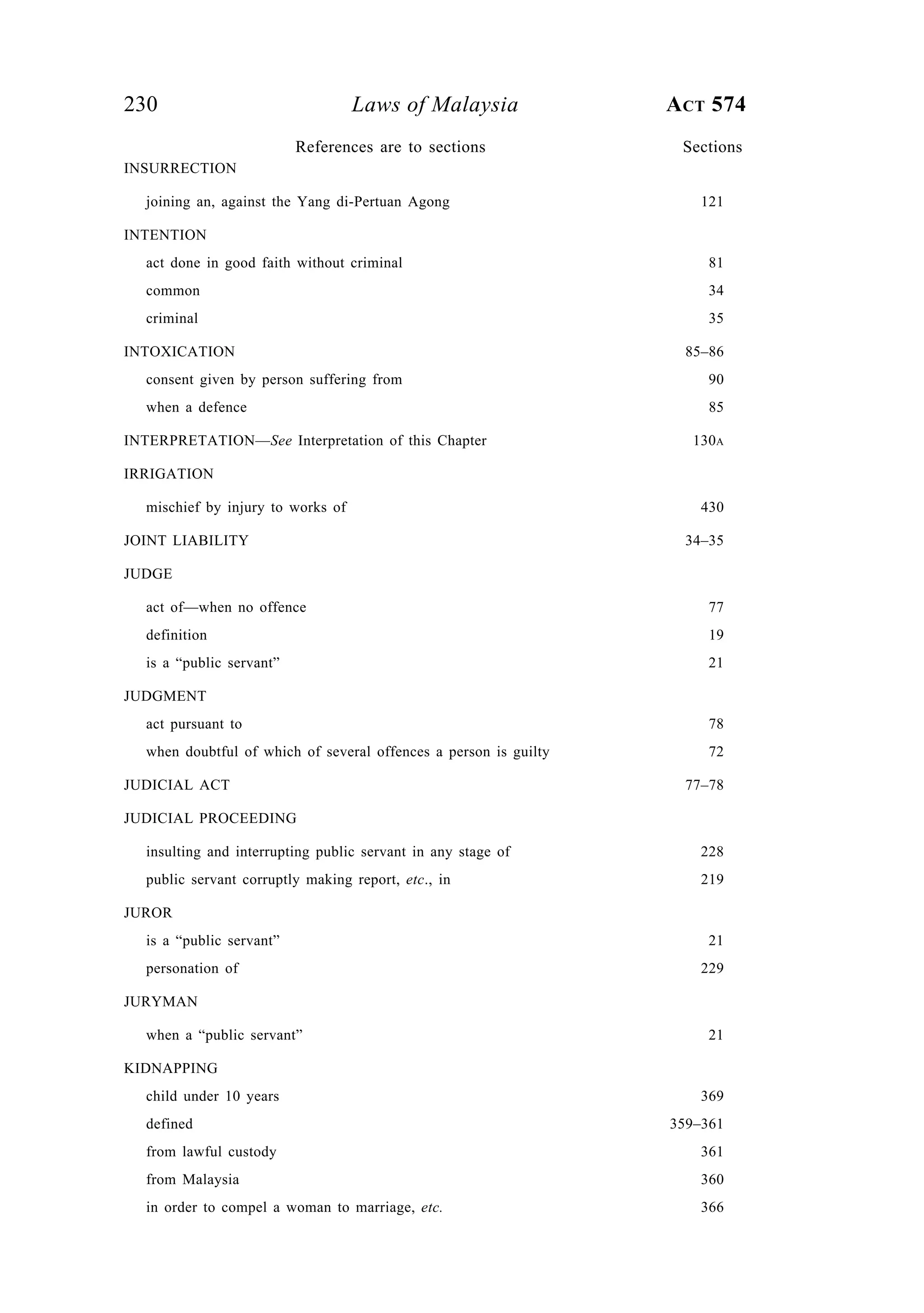 230 Laws of Malaysia ACT 574
INSURRECTION
joining an, against the Yang di-Pertuan Agong 121
INTENTION
act done in good faith without criminal 81
common 34
criminal 35
INTOXICATION 85–86
consent given by person suffering from 90
when a defence 85
INTERPRETATION—See Interpretation of this Chapter 130A
IRRIGATION
mischief by injury to works of 430
JOINT LIABILITY 34–35
JUDGE
act of—when no offence 77
definition 19
is a “public servant” 21
JUDGMENT
act pursuant to 78
when doubtful of which of several offences a person is guilty 72
JUDICIAL ACT 77–78
JUDICIAL PROCEEDING
insulting and interrupting public servant in any stage of 228
public servant corruptly making report, etc., in 219
JUROR
is a “public servant” 21
personation of 229
JURYMAN
when a “public servant” 21
KIDNAPPING
child under 10 years 369
defined 359–361
from lawful custody 361
from Malaysia 360
in order to compel a woman to marriage, etc. 366
References are to sections Sections
 