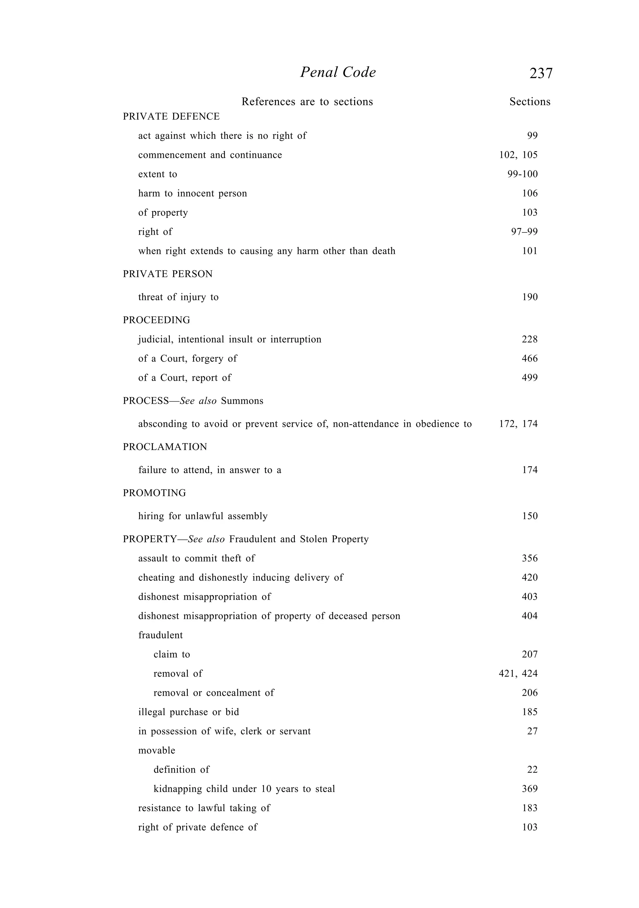 237Penal Code
PRIVATE DEFENCE
act against which there is no right of 99
commencement and continuance 102, 105
extent to 99-100
harm to innocent person 106
of property 103
right of 97–99
when right extends to causing any harm other than death 101
PRIVATE PERSON
threat of injury to 190
PROCEEDING
judicial, intentional insult or interruption 228
of a Court, forgery of 466
of a Court, report of 499
PROCESS—See also Summons
absconding to avoid or prevent service of, non-attendance in obedience to 172, 174
PROCLAMATION
failure to attend, in answer to a 174
PROMOTING
hiring for unlawful assembly 150
PROPERTY—See also Fraudulent and Stolen Property
assault to commit theft of 356
cheating and dishonestly inducing delivery of 420
dishonest misappropriation of 403
dishonest misappropriation of property of deceased person 404
fraudulent
claim to 207
removal of 421, 424
removal or concealment of 206
illegal purchase or bid 185
in possession of wife, clerk or servant 27
movable
definition of 22
kidnapping child under 10 years to steal 369
resistance to lawful taking of 183
right of private defence of 103
References are to sections Sections
 