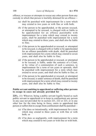 100 Laws of Malaysia ACT 574
offence, or rescues or attempts to rescue any other person from any
custody in which that person is lawfully detained for an offence—
(a) shall be punished with imprisonment for a term which
may extend to two years or with fine or with both;
(b) if the person to be apprehended, or the person rescued,
or attempted to be rescued, is charged with or liable to
be apprehended for an offence punishable with
imprisonment for a term which may extend to twenty
years, shall be punished with imprisonment for a term
which may extend to three years, and shall also be liable
to fine;
(c) if the person to be apprehended or rescued, or attempted
to be rescued, is charged with or liable to be apprehended
for an offence punishable with death, shall be punished
with imprisonment for a term which may extend to seven
years, and shall also be liable to fine;
(d) if the person to be apprehended or rescued, or attempted
to be rescued, is liable, under the sentence of a Court,
or by virtue of a commutation of such a sentence, to
imprisonment for a term of ten years or upwards, shall
be punished with imprisonment for a term which may
extend to seven years, and shall also be liable to fine; or
(e) if the person to be apprehended or rescued, or attempted
to be rescued, is under sentence of death, shall be punished
with imprisonment for a term which may extend to twenty
years, and shall also be liable to fine.
Public servant omitting to apprehend or suffering other persons
to escape in cases not already provided for
225A. (1) Whoever, being a public servant legally bound as such
public servant to apprehend or to keep in confinement any person
in any case not provided for in section 221, 222 or 223, or in any
other law for the time being in force, omits to apprehend that
person or suffers him to escape from confinement shall be punished—
(a) if he does so intentionally, with imprisonment for a term
which may extend to three years or with fine or with
both; or
(b) if he does so negligently, with imprisonment for a term
which may extend to two years or with fine or with both.
 