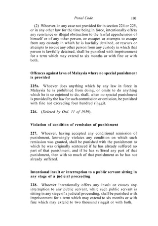 101Penal Code
(2) Whoever, in any case not provided for in section 224 or 225,
or in any other law for the time being in force, intentionally offers
any resistance or illegal obstruction to the lawful apprehension of
himself or of any other person, or escapes or attempts to escape
from any custody in which he is lawfully detained, or rescues or
attempts to rescue any other person from any custody in which that
person is lawfully detained, shall be punished with imprisonment
for a term which may extend to six months or with fine or with
both.
Offences against laws of Malaysia where no special punishment
is provided
225B. Whoever does anything which by any law in force in
Malaysia he is prohibited from doing, or omits to do anything
which he is so enjoined to do, shall, when no special punishment
is provided by the law for such commission or omission, be punished
with fine not exceeding four hundred ringgit.
226. (Deleted by Ord. 11 of 1959).
Violation of condition of remission of punishment
227. Whoever, having accepted any conditional remission of
punishment, knowingly violates any condition on which such
remission was granted, shall be punished with the punishment to
which he was originally sentenced if he has already suffered no
part of that punishment, and if he has suffered any part of that
punishment, then with so much of that punishment as he has not
already suffered.
Intentional insult or interruption to a public servant sitting in
any stage of a judicial proceeding
228. Whoever intentionally offers any insult or causes any
interruption to any public servant, while such public servant is
sitting in any stage of a judicial proceeding, shall be punished with
imprisonment for a term which may extend to six months or with
fine which may extend to two thousand ringgit or with both.
 