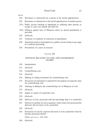 13Penal Code
Section
224. Resistance or obstruction by a person to his lawful apprehension
225. Resistance or obstruction to the lawful apprehension of another person
225A. Public servant omitting to apprehend or suffering other persons to
escape in cases not already provided for
225B. Offences against laws of Malaysia where no special punishment is
provided
226. (Deleted)
227. Violation of condition of remission of punishment
228. Intentional insult or interruption to a public servant sitting in any stage
of a judicial proceeding
229. Personation of a juror or assessor
CHAPTER XII
OFFENCES RELATING TO COIN AND GOVERNMENT
STAMPS
230. Interpretation
231. (Deleted)
232. Counterfeiting coin
233. (Deleted)
234. Making or selling instrument for counterfeiting coin
235. Possession of instrument or material for the purpose of using the same
for counterfeiting coin
236. Abetting in Malaysia the counterfeiting out of Malaysia of coin
237. (Deleted)
238. Import or export of counterfeit coin
239. (Deleted)
240. Delivery of coin, possessed with the knowledge that it is counterfeit
241. Delivery to another of coin as genuine, which when first possessed the
deliverer did not know to be counterfeit
242. (Deleted)
243. Possession of coin by a person who knew it to be counterfeit when he
became possessed thereof
(There are no ss. 244–245)
246. (Deleted)
 