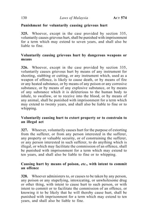 130 Laws of Malaysia ACT 574
Punishment for voluntarily causing grievous hurt
325. Whoever, except in the case provided by section 335,
voluntarily causes grievous hurt, shall be punished with imprisonment
for a term which may extend to seven years, and shall also be
liable to fine.
Voluntarily causing grievous hurt by dangerous weapons or
means
326. Whoever, except in the case provided by section 335,
voluntarily causes grievous hurt by means of any instrument for
shooting, stabbing or cutting, or any instrument which, used as a
weapon of offence, is likely to cause death, or by means of fire
or any heated substance, or by means of any poison or any corrosive
substance, or by means of any explosive substance, or by means
of any substance which it is deleterious to the human body to
inhale, to swallow, or to receive into the blood, or by means of
any animal, shall be punished with imprisonment for a term which
may extend to twenty years, and shall also be liable to fine or to
whipping.
Voluntarily causing hurt to extort property or to constrain to
an illegal act
327. Whoever, voluntarily causes hurt for the purpose of extorting
from the sufferer, or from any person interested in the sufferer,
any property or valuable security, or of constraining the sufferer,
or any person interested in such sufferer, to do anything which is
illegal, or which may facilitate the commission of an offence, shall
be punished with imprisonment for a term which may extend to
ten years, and shall also be liable to fine or to whipping.
Causing hurt by means of poison, etc., with intent to commit
an offence
328. Whoever administers to, or causes to be taken by any person,
any poison or any stupefying, intoxicating, or unwholesome drug
or other thing, with intent to cause hurt to such person, or with
intent to commit or to facilitate the commission of an offence, or
knowing it to be likely that he will thereby cause hurt, shall be
punished with imprisonment for a term which may extend to ten
years, and shall also be liable to fine.
 