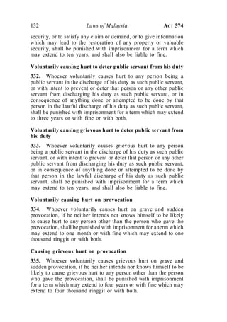 132 Laws of Malaysia ACT 574
security, or to satisfy any claim or demand, or to give information
which may lead to the restoration of any property or valuable
security, shall be punished with imprisonment for a term which
may extend to ten years, and shall also be liable to fine.
Voluntarily causing hurt to deter public servant from his duty
332. Whoever voluntarily causes hurt to any person being a
public servant in the discharge of his duty as such public servant,
or with intent to prevent or deter that person or any other public
servant from discharging his duty as such public servant, or in
consequence of anything done or attempted to be done by that
person in the lawful discharge of his duty as such public servant,
shall be punished with imprisonment for a term which may extend
to three years or with fine or with both.
Voluntarily causing grievous hurt to deter public servant from
his duty
333. Whoever voluntarily causes grievous hurt to any person
being a public servant in the discharge of his duty as such public
servant, or with intent to prevent or deter that person or any other
public servant from discharging his duty as such public servant,
or in consequence of anything done or attempted to be done by
that person in the lawful discharge of his duty as such public
servant, shall be punished with imprisonment for a term which
may extend to ten years, and shall also be liable to fine.
Voluntarily causing hurt on provocation
334. Whoever voluntarily causes hurt on grave and sudden
provocation, if he neither intends nor knows himself to be likely
to cause hurt to any person other than the person who gave the
provocation, shall be punished with imprisonment for a term which
may extend to one month or with fine which may extend to one
thousand ringgit or with both.
Causing grievous hurt on provocation
335. Whoever voluntarily causes grievous hurt on grave and
sudden provocation, if he neither intends nor knows himself to be
likely to cause grievous hurt to any person other than the person
who gave the provocation, shall be punished with imprisonment
for a term which may extend to four years or with fine which may
extend to four thousand ringgit or with both.
 