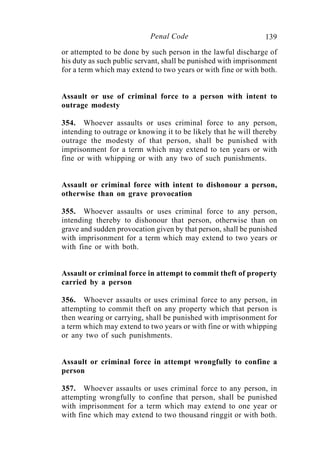 139Penal Code
or attempted to be done by such person in the lawful discharge of
his duty as such public servant, shall be punished with imprisonment
for a term which may extend to two years or with fine or with both.
Assault or use of criminal force to a person with intent to
outrage modesty
354. Whoever assaults or uses criminal force to any person,
intending to outrage or knowing it to be likely that he will thereby
outrage the modesty of that person, shall be punished with
imprisonment for a term which may extend to ten years or with
fine or with whipping or with any two of such punishments.
Assault or criminal force with intent to dishonour a person,
otherwise than on grave provocation
355. Whoever assaults or uses criminal force to any person,
intending thereby to dishonour that person, otherwise than on
grave and sudden provocation given by that person, shall be punished
with imprisonment for a term which may extend to two years or
with fine or with both.
Assault or criminal force in attempt to commit theft of property
carried by a person
356. Whoever assaults or uses criminal force to any person, in
attempting to commit theft on any property which that person is
then wearing or carrying, shall be punished with imprisonment for
a term which may extend to two years or with fine or with whipping
or any two of such punishments.
Assault or criminal force in attempt wrongfully to confine a
person
357. Whoever assaults or uses criminal force to any person, in
attempting wrongfully to confine that person, shall be punished
with imprisonment for a term which may extend to one year or
with fine which may extend to two thousand ringgit or with both.
 