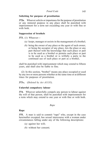 145Penal Code
Soliciting for purpose of prostitution
372B. Whoever solicits or importunes for the purpose of prostitution
or any immoral purpose in any place shall be punished with
imprisonment for a term not exceeding one year or with fine or
with both.
Suppression of brothels
373. (1) Whoever—
(a) keeps, manages or assists in the management of a brothel;
(b) being the owner of any place or the agent of such owner,
or being the occupier of any place, lets the place or any
part thereof with the knowledge that such place or part
is to be used as a brothel or permits such place or part
to be used as a brothel or is wilfully a party to the
continued use of such place or part as a brothel,
shall be punished with imprisonment which may extend to fifteen
years, and shall also be liable to fine.
(2) In this section, “brothel” means any place occupied or used
by any two or more persons whether at the same time or at different
times for purposes of prostitution.
373A. (Deleted by Act A1131).
Unlawful compulsory labour
374. Whoever unlawfully compels any person to labour against
the will of that person, shall be punished with imprisonment for
a term which may extend to one year or with fine or with both.
Rape
Rape
375. A man is said to commit “rape” who, except in the case
hereinafter excepted, has sexual intercourse with a woman under
circumstances falling under any of the following descriptions:
(a) against her will;
(b) without her consent;
 