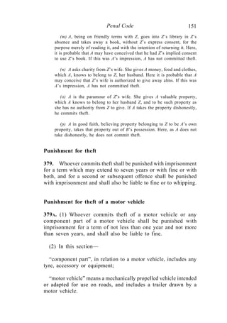 151Penal Code
(m) A, being on friendly terms with Z, goes into Z’s library in Z’s
absence and takes away a book, without Z’s express consent, for the
purpose merely of reading it, and with the intention of returning it. Here,
it is probable that A may have conceived that he had Z’s implied consent
to use Z’s book. If this was A’s impression, A has not committed theft.
(n) A asks charity from Z’s wife. She gives A money, food and clothes,
which A, knows to belong to Z, her husband. Here it is probable that A
may conceive that Z’s wife is authorized to give away alms. If this was
A’s impression, A has not committed theft.
(o) A is the paramour of Z’s wife. She gives A valuable property,
which A knows to belong to her husband Z, and to be such property as
she has no authority from Z to give. If A takes the property dishonestly,
he commits theft.
(p) A in good faith, believing property belonging to Z to be A’s own
property, takes that property out of B’s possession. Here, as A does not
take dishonestly, he does not commit theft.
Punishment for theft
379. Whoever commits theft shall be punished with imprisonment
for a term which may extend to seven years or with fine or with
both, and for a second or subsequent offence shall be punished
with imprisonment and shall also be liable to fine or to whipping.
Punishment for theft of a motor vehicle
379A. (1) Whoever commits theft of a motor vehicle or any
component part of a motor vehicle shall be punished with
imprisonment for a term of not less than one year and not more
than seven years, and shall also be liable to fine.
(2) In this section—
“component part”, in relation to a motor vehicle, includes any
tyre, accessory or equipment;
“motor vehicle” means a mechanically propelled vehicle intended
or adapted for use on roads, and includes a trailer drawn by a
motor vehicle.
 
