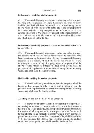 165Penal Code
Dishonestly receiving stolen property
411. Whoever dishonestly receives or retains any stolen property,
knowing or having reason to believe the same to be stolen property,
shall be punished with imprisonment for a term which may extend
to five years or with fine or with both; and if the stolen property
is a motor vehicle or any component part of a motor vehicle as
defined in section 379A, shall be punished with imprisonment for
a term of not less than six months and not more than five years,
and shall also be liable to fine.
Dishonestly receiving property stolen in the commission of a
gang-robbery
412. Whoever dishonestly receives or retains any stolen property,
the possession whereof he knows or has reason to believe to have
been transferred by the commission of gang-robbery, or dishonestly
receives from a person, whom he knows or has reason to believe
to belong or to have belonged to gang-robbers, property which he
knows or has reason to believe to have been stolen, shall be
punished with imprisonment for a term which may extend to twenty
years, and shall also be liable to fine.
Habitually dealing in stolen property
413. Whoever habitually receives or deals in property which he
knows or has reason to believe to be stolen property, shall be
punished with imprisonment for a term which may extend to twenty
years, and shall also be liable to fine.
Assisting in concealment of stolen property
414. Whoever voluntarily assists in concealing or disposing of
or making away with property which he knows or has reason to
believe to be stolen property, shall be punished with imprisonment
for a term which may extend to seven years or with fine or with
both; and if the stolen property is a motor vehicle or any component
part of a motor vehicle as defined in section 379A, shall be punished
with imprisonment for a term of not less than six months and not
more than seven years, and shall also be liable to fine.
 