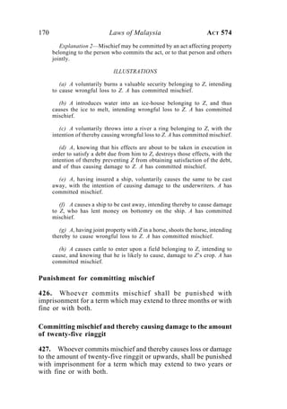 170 Laws of Malaysia ACT 574
Explanation 2—Mischief may be committed by an act affecting property
belonging to the person who commits the act, or to that person and others
jointly.
ILLUSTRATIONS
(a) A voluntarily burns a valuable security belonging to Z, intending
to cause wrongful loss to Z. A has committed mischief.
(b) A introduces water into an ice-house belonging to Z, and thus
causes the ice to melt, intending wrongful loss to Z. A has committed
mischief.
(c) A voluntarily throws into a river a ring belonging to Z, with the
intention of thereby causing wrongful loss to Z. A has committed mischief.
(d) A, knowing that his effects are about to be taken in execution in
order to satisfy a debt due from him to Z, destroys those effects, with the
intention of thereby preventing Z from obtaining satisfaction of the debt,
and of thus causing damage to Z. A has committed mischief.
(e) A, having insured a ship, voluntarily causes the same to be cast
away, with the intention of causing damage to the underwriters. A has
committed mischief.
(f) A causes a ship to be cast away, intending thereby to cause damage
to Z, who has lent money on bottomry on the ship. A has committed
mischief.
(g) A, having joint property with Z in a horse, shoots the horse, intending
thereby to cause wrongful loss to Z. A has committed mischief.
(h) A causes cattle to enter upon a field belonging to Z, intending to
cause, and knowing that he is likely to cause, damage to Z’s crop. A has
committed mischief.
Punishment for committing mischief
426. Whoever commits mischief shall be punished with
imprisonment for a term which may extend to three months or with
fine or with both.
Committing mischief and thereby causing damage to the amount
of twenty-five ringgit
427. Whoever commits mischief and thereby causes loss or damage
to the amount of twenty-five ringgit or upwards, shall be punished
with imprisonment for a term which may extend to two years or
with fine or with both.
 