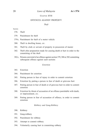 20 Laws of Malaysia ACT 574
CHAPTER XVII
OFFENCES AGAINST PROPERTY
Theft
Section
378. Theft
379. Punishment for theft
379A. Punishment for theft of a motor vehicle
380. Theft in dwelling house, etc.
381. Theft by clerk or servant of property in possession of master
382. Theft after preparation made for causing death or hurt in order to the
committing of the theft
382A. Persons convicted of an offence against section 379, 380 or 382 committing
subsequent offence against such sections
Extortion
383. Extortion
384. Punishment for extortion
385. Putting person in fear of injury in order to commit extortion
386. Extortion by putting a person in fear of death or grievous hurt
387. Putting person in fear of death or of grievous hurt in order to commit
extortion
388. Extortion by threat of accusation of an offence punishable with death,
or imprisonment, etc.
389. Putting person in fear of accusation of offence, in order to commit
extortion
Robbery and Gang-Robbery
390. Robbery
391. Gang-robbery
392. Punishment for robbery
393. Attempt to commit robbery
394. Voluntarily causing hurt in committing robbery
 