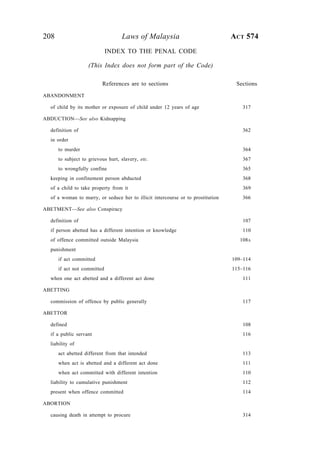 208 Laws of Malaysia ACT 574
INDEX TO THE PENAL CODE
(This Index does not form part of the Code)
References are to sections Sections
ABANDONMENT
of child by its mother or exposure of child under 12 years of age 317
ABDUCTION—See also Kidnapping
definition of 362
in order
to murder 364
to subject to grievous hurt, slavery, etc. 367
to wrongfully confine 365
keeping in confinement person abducted 368
of a child to take property from it 369
of a woman to marry, or seduce her to illicit intercourse or to prostitution 366
ABETMENT—See also Conspiracy
definition of 107
if person abetted has a different intention or knowledge 110
of offence committed outside Malaysia 108A
punishment
if act committed 109–114
if act not committed 115–116
when one act abetted and a different act done 111
ABETTING
commission of offence by public generally 117
ABETTOR
defined 108
if a public servant 116
liability of
act abetted different from that intended 113
when act is abetted and a different act done 111
when act committed with different intention 110
liability to cumulative punishment 112
present when offence committed 114
ABORTION
causing death in attempt to procure 314
 