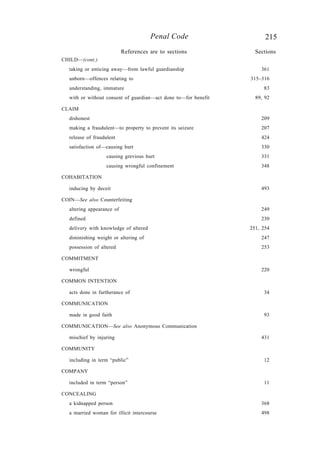 215Penal Code
CHILD—(cont.)
taking or enticing away—from lawful guardianship 361
unborn—offences relating to 315–316
understanding, immature 83
with or without consent of guardian—act done to—for benefit 89, 92
CLAIM
dishonest 209
making a fraudulent—to property to prevent its seizure 207
release of fraudulent 424
satisfaction of—causing hurt 330
causing grevious hurt 331
causing wrongful confinement 348
COHABITATION
inducing by deceit 493
COIN—See also Counterfeiting
altering appearance of 249
defined 230
delivery with knowledge of altered 251, 254
diminishing weight or altering of 247
possession of altered 253
COMMITMENT
wrongful 220
COMMON INTENTION
acts done in furtherance of 34
COMMUNICATION
made in good faith 93
COMMUNICATION—See also Anonymous Communication
mischief by injuring 431
COMMUNITY
including in term “public” 12
COMPANY
included in term “person” 11
CONCEALING
a kidnapped person 368
a married woman for illicit intercourse 498
References are to sections Sections
 