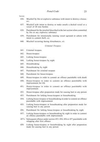 23Penal Code
Section
436. Mischief by fire or explosive substance with intent to destroy a house,
etc.
437. Mischief with intent to destroy or make unsafe a decked vessel or a
vessel of 20 tons burden
438. Punishment for the mischief described in the last section when committed
by fire or any explosive substance
439. Punishment for intentionally running vessel aground or ashore with
intent to commit theft, etc.
440. Mischief occurring during disturbances, etc.
Criminal Trespass
441. Criminal trespass
442. House-trespass
443. Lurking house-trespass
444. Lurking house-trespass by night
445. Housebreaking
446. Housebreaking by night
447. Punishment for criminal trespass
448. Punishment for house-trespass
449. House-trespass in order to commit an offence punishable with death
450. House-trespass in order to commit an offence punishable with
imprisonment for life
451. House-trespass in order to commit an offence punishable with
imprisonment
452. House-trespass after preparation made for causing hurt to any person
453. Punishment for lurking house-trespass or housebreaking
454. Lurking house-trespass or housebreaking in order to commit an offence
punishable with imprisonment
455. Lurking house-trespass or housebreaking after preparation made for
causing hurt to any person
456. Punishment for lurking house-trespass or housebreaking by night
457. Lurking house-trespass or housebreaking by night in order to commit
an offence punishable with imprisonment
457A. Subsequent offence under section 453, 454, 456 or 457 punishable with
whipping after first offence
458. Lurking house-trespass or housebreaking by night after preparation
made for causing hurt to any person
 