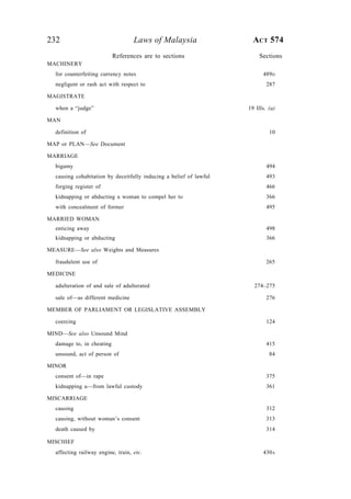 232 Laws of Malaysia ACT 574
MACHINERY
for counterfeiting currency notes 489D
negligent or rash act with respect to 287
MAGISTRATE
when a “judge” 19 Ills. (a)
MAN
definition of 10
MAP or PLAN—See Document
MARRIAGE
bigamy 494
causing cohabitation by deceitfully inducing a belief of lawful 493
forging register of 466
kidnapping or abducting a woman to compel her to 366
with concealment of former 495
MARRIED WOMAN
enticing away 498
kidnapping or abducting 366
MEASURE—See also Weights and Measures
fraudulent use of 265
MEDICINE
adulteration of and sale of adulterated 274–275
sale of—as different medicine 276
MEMBER OF PARLIAMENT OR LEGISLATIVE ASSEMBLY
coercing 124
MIND—See also Unsound Mind
damage to, in cheating 415
unsound, act of person of 84
MINOR
consent of—in rape 375
kidnapping a—from lawful custody 361
MISCARRIAGE
causing 312
causing, without woman’s consent 313
death caused by 314
MISCHIEF
affecting railway engine, train, etc. 430A
References are to sections Sections
 