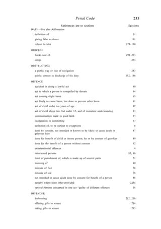 235Penal Code
OATH—See also Affirmation
definition of 51
giving false evidence 191
refusal to take 178–180
OBSCENE
books sale of 292–293
songs 294
OBSTRUCTING
a public way or line of navigation 283
public servant in discharge of his duty 152, 186
OFFENCE
accident in doing a lawful act 80
act to which a person is compelled by threats 94
act causing slight harm 95
act likely to cause harm, but done to prevent other harm 81
act of child under ten years of age 82
act of child above ten, but under 12, and of immature understanding 83
communication made in good faith 93
cooperation in committing 37
definition of, to be subject to exceptions 6
done by consent, not intended or known to be likely to cause death or 87
grievous hurt
done for benefit of child or insane person, by or by consent of guardian 89
done for the benefit of a person without consent 92
extraterritorial offences 4
intoxicated persons 85, 86
limit of punishment of, which is made up of several parts 71
meaning of 40
mistake of fact 76
mistake of law 76
not intended to cause death done by consent for benefit of a person 88
penalty where none other provided 225B
several persons concerned in one act—guilty of different offences 38
OFFENDER
harbouring 212, 216
offering gifts to screen 214
taking gifts to screen 213
References are to sections Sections
 
