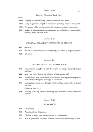 25Penal Code
Currency Notes and Bank Notes
Section
489A. Forging or counterfeiting currency notes or bank notes
489B. Using as genuine, forged or counterfeit currency notes or bank notes
489C. Possession of forged or counterfeit currency notes or bank notes
489D. Making or possessing instruments or materials for forging or counterfeiting
currency notes or bank notes
CHAPTER XIX
CRIMINAL BREACH OF CONTRACTS OF SERVICE
490. (Deleted)
491. Breach of contract to attend on and supply the wants of helpless persons
492. (Deleted)
CHAPTER XX
OFFENCES RELATING TO MARRIAGE
493. Cohabitation caused by a man deceitfully inducing a belief of lawful
marriage
494. Marrying again during the lifetime of husband or wife
495. Same offence with concealment of the former marriage from the person
with whom subsequent marriage is contracted
496. Marriage ceremony gone through with fraudulent intent without lawful
marriage
(There is no s. 497)
498. Enticing or taking away or detaining with a criminal intent a married
woman
CHAPTER XXI
DEFAMATION
499. Defamation
500. Punishment for defamation
501. Printing or engraving matter known to be defamatory
502. Sale of printed or engraved substance containing defamatory matter
 