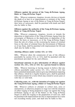 63Penal Code
Offences against the person of the Yang di-Pertuan Agong,
Ruler or Yang di-Pertua Negeri
121A. Whoever compasses, imagines, invents, devises or intends
the death of or hurt to or imprisonment or restraint of the Yang
di-Pertuan Agong or any of the Rulers or Yang di-Pertua Negeri,
their heirs or successors, shall be punished with death and shall
also be liable to fine.
Offences against the authority of the Yang di-Pertuan Agong,
Ruler or Yang di-Pertua Negeri
121B. Whoever compasses, imagines, invents or intends the
deposition or deprivation of the Yang di-Pertuan Agong from the
sovereignty of Malaysia or the deprivation or deposition of the
Ruler, his heirs or successors, or of the Yang di-Pertua Negeri
from the rule of a State, or the overawing by means of criminal
force or the show of criminal force the Government of Malaysia
or of any State, shall be punished with imprisonment for life and
shall also be liable to fine.
Abetting offences under section 121A or 121B
121C. Whoever abets the commission of any of the offences
punishable by section 121A or 121B shall be punished with the
punishment provided for the said offences.
Intentional omission to give information of offences against
section 121, 121A, 121B or 121C by a person bound to inform
121D. Whoever knowing or having reason to believe that any
offence punishable under section 121, 121A, 121B or 121C has
been committed intentionally omits to give any information respecting
that offence, which he is legally bound to give, shall be punished
with imprisonment for a term which may extend to seven years or
with fine or with both.
Collecting arms, etc., with the intention of waging war against
the Yang di-Pertuan Agong, a Ruler or Yang di-Pertua Negeri
122. Whoever collects or attempts to collect men, arms or
ammunition, or otherwise prepares to wage war with the intention
of either waging or being prepared to wage war against the Yang
di-Pertuan Agong or any of the Rulers or the Yang di-Pertua
Negeri or abets the waging or the preparation of such war, shall
be punished with imprisonment for life or imprisonment for a term
not exceeding twenty years, and shall also be liable to fine.
 
