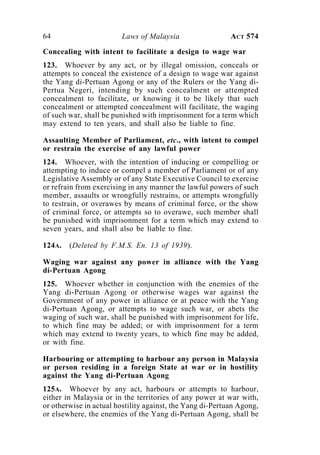 64 Laws of Malaysia ACT 574
Concealing with intent to facilitate a design to wage war
123. Whoever by any act, or by illegal omission, conceals or
attempts to conceal the existence of a design to wage war against
the Yang di-Pertuan Agong or any of the Rulers or the Yang di-
Pertua Negeri, intending by such concealment or attempted
concealment to facilitate, or knowing it to be likely that such
concealment or attempted concealment will facilitate, the waging
of such war, shall be punished with imprisonment for a term which
may extend to ten years, and shall also be liable to fine.
Assaulting Member of Parliament, etc., with intent to compel
or restrain the exercise of any lawful power
124. Whoever, with the intention of inducing or compelling or
attempting to induce or compel a member of Parliament or of any
Legislative Assembly or of any State Executive Council to exercise
or refrain from exercising in any manner the lawful powers of such
member, assaults or wrongfully restrains, or attempts wrongfully
to restrain, or overawes by means of criminal force, or the show
of criminal force, or attempts so to overawe, such member shall
be punished with imprisonment for a term which may extend to
seven years, and shall also be liable to fine.
124A. (Deleted by F.M.S. En. 13 of 1939).
Waging war against any power in alliance with the Yang
di-Pertuan Agong
125. Whoever whether in conjunction with the enemies of the
Yang di-Pertuan Agong or otherwise wages war against the
Government of any power in alliance or at peace with the Yang
di-Pertuan Agong, or attempts to wage such war, or abets the
waging of such war, shall be punished with imprisonment for life,
to which fine may be added; or with imprisonment for a term
which may extend to twenty years, to which fine may be added,
or with fine.
Harbouring or attempting to harbour any person in Malaysia
or person residing in a foreign State at war or in hostility
against the Yang di-Pertuan Agong
125A. Whoever by any act, harbours or attempts to harbour,
either in Malaysia or in the territories of any power at war with,
or otherwise in actual hostility against, the Yang di-Pertuan Agong,
or elsewhere, the enemies of the Yang di-Pertuan Agong, shall be
 