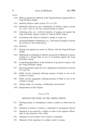 8 Laws of Malaysia ACT 574
Section
121B. Offences against the authority of the Yang di-Pertuan Agong, Ruler or
Yang di-Pertua Negeri
121C. Abetting offences under section 121A or 121B
121D. Intentional omission to give information of offences against section
121, 121A. 121B or 121C by a person bound to inform
122. Collecting arms, etc., with the intention of waging war against the
Yang di-Pertuan Agong, a Ruler or Yang di-Pertua Negeri
123. Concealing with intent to facilitate a design to wage war
124. Assaulting Member of Parliament, etc., with intent to compel or restrain
the exercise of any lawful power
124A. (Deleted)
125. Waging war against any power in alliance with the Yang di-Pertuan
Agong
125A. Harbouring or attempting to harbour any person in Malaysia or person
residing in a foreign State at war or in hostility against the Yang
di-Pertuan Agong
126. Committing depredation on the territories of any power at peace with
the Yang di-Pertuan Agong
127. Receiving property taken by war or depredation mentioned in sections
125 and 126
128. Public servant voluntarily allowing prisoner of State or war in his
custody to escape
129. Public servant negligently suffering prisoner of State or war in his
custody to escape
130. Aiding escape of, rescuing, or harbouring such prisoner
130A. Interpretation of this Chapter
CHAPTER VII
OFFENCES RELATING TO THE ARMED FORCES
131. Abetting mutiny, or attempting to seduce a soldier or sailor from his
duty
132. Abetment of mutiny, if mutiny is committed in consequence thereof
133. Abetment of an assault by a soldier or sailor on his superior officer,
when in the execution of his office
134. Abetment of such assault if the assault is committed
135. Abetment of the desertion of a soldier, sailor or airman
 
