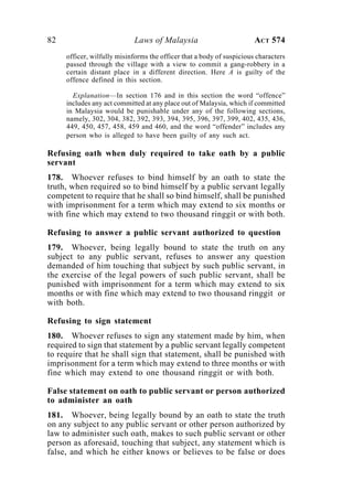 82 Laws of Malaysia ACT 574
officer, wilfully misinforms the officer that a body of suspicious characters
passed through the village with a view to commit a gang-robbery in a
certain distant place in a different direction. Here A is guilty of the
offence defined in this section.
Explanation—In section 176 and in this section the word “offence”
includes any act committed at any place out of Malaysia, which if committed
in Malaysia would be punishable under any of the following sections,
namely, 302, 304, 382, 392, 393, 394, 395, 396, 397, 399, 402, 435, 436,
449, 450, 457, 458, 459 and 460, and the word “offender” includes any
person who is alleged to have been guilty of any such act.
Refusing oath when duly required to take oath by a public
servant
178. Whoever refuses to bind himself by an oath to state the
truth, when required so to bind himself by a public servant legally
competent to require that he shall so bind himself, shall be punished
with imprisonment for a term which may extend to six months or
with fine which may extend to two thousand ringgit or with both.
Refusing to answer a public servant authorized to question
179. Whoever, being legally bound to state the truth on any
subject to any public servant, refuses to answer any question
demanded of him touching that subject by such public servant, in
the exercise of the legal powers of such public servant, shall be
punished with imprisonment for a term which may extend to six
months or with fine which may extend to two thousand ringgit or
with both.
Refusing to sign statement
180. Whoever refuses to sign any statement made by him, when
required to sign that statement by a public servant legally competent
to require that he shall sign that statement, shall be punished with
imprisonment for a term which may extend to three months or with
fine which may extend to one thousand ringgit or with both.
False statement on oath to public servant or person authorized
to administer an oath
181. Whoever, being legally bound by an oath to state the truth
on any subject to any public servant or other person authorized by
law to administer such oath, makes to such public servant or other
person as aforesaid, touching that subject, any statement which is
false, and which he either knows or believes to be false or does
 