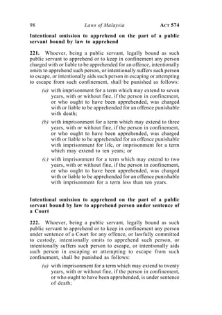 98 Laws of Malaysia ACT 574
Intentional omission to apprehend on the part of a public
servant bound by law to apprehend
221. Whoever, being a public servant, legally bound as such
public servant to apprehend or to keep in confinement any person
charged with or liable to be apprehended for an offence, intentionally
omits to apprehend such person, or intentionally suffers such person
to escape, or intentionally aids such person in escaping or attempting
to escape from such confinement, shall be punished as follows:
(a) with imprisonment for a term which may extend to seven
years, with or without fine, if the person in confinement,
or who ought to have been apprehended, was charged
with or liable to be apprehended for an offence punishable
with death;
(b) with imprisonment for a term which may extend to three
years, with or without fine, if the person in confinement,
or who ought to have been apprehended, was charged
with or liable to be apprehended for an offence punishable
with imprisonment for life, or imprisonment for a term
which may extend to ten years; or
(c) with imprisonment for a term which may extend to two
years, with or without fine, if the person in confinement,
or who ought to have been apprehended, was charged
with or liable to be apprehended for an offence punishable
with imprisonment for a term less than ten years.
Intentional omission to apprehend on the part of a public
servant bound by law to apprehend person under sentence of
a Court
222. Whoever, being a public servant, legally bound as such
public servant to apprehend or to keep in confinement any person
under sentence of a Court for any offence, or lawfully committed
to custody, intentionally omits to apprehend such person, or
intentionally suffers such person to escape, or intentionally aids
such person in escaping or attempting to escape from such
confinement, shall be punished as follows:
(a) with imprisonment for a term which may extend to twenty
years, with or without fine, if the person in confinement,
or who ought to have been apprehended, is under sentence
of death;
 