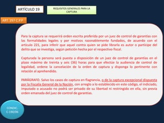ARTÍCULO 19

REQUISITOS GENERALES PARA LA
CAPTURA

ART. 297 C.P.P

Para la captura se requerirá orden escrita proferida por un juez de control de garantías con
las formalidades legales y por motivos razonablemente fundados, de acuerdo con el
artículo 221, para inferir que aquel contra quien se pide librarla es autor o partícipe del
delito que se investiga, según petición hecha por el respectivo fiscal.

Capturada la persona será puesta a disposición de un juez de control de garantías en el
plazo máximo de treinta y seis (36) horas para que efectúe la audiencia de control de
legalidad, ordene la cancelación de la orden de captura y disponga lo pertinente con
relación al aprehendido.
PARÁGRAFO. Salvo los casos de captura en flagrancia, o de la captura excepcional dispuesta
por la Fiscalía General de la Nación, con arreglo a lo establecido en este código, el indiciado,
imputado o acusado no podrá ser privado de su libertad ni restringido en ella, sin previa
orden emanada del juez de control de garantías.

CONDIC.
C-190/06

 