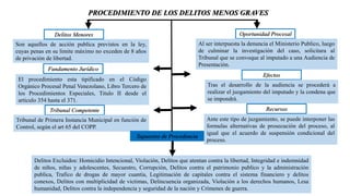 PROCEDIMIENTO DE LOS DELITOS MENOS GRAVES
Son aquellos de acción publica previstos en la ley,
cuyas penas en su limite máximo no exceden de 8 años
de privación de libertad.
Delitos Menores
Fundamento Jurídico
El procedimiento esta tipificado en el Código
Orgánico Procesal Penal Venezolano, Libro Tercero de
los Procedimientos Especiales, Titulo II desde el
articulo 354 hasta el 371.
Tribunal Competente
Tribunal de Primera Instancia Municipal en función de
Control, según el art 65 del COPP.
Oportunidad Procesal
Al ser interpuesta la denuncia el Ministerio Publico, luego
de culminar la investigación del caso, solicitara al
Tribunal que se convoque al imputado a una Audiencia de
Presentación.
Efectos
Tras el desarrollo de la audiencia se procederá a
realizar el juzgamiento del imputado y la condena que
se impondrá.
Recursos
Ante este tipo de juzgamiento, se puede interponer las
formulas alternativas de prosecución del proceso, al
igual que el acuerdo de suspensión condicional del
proceso.
Supuestos de Procedencia
Delitos Excluidos: Homicidio Intencional, Violación, Delitos que atentan contra la libertad, Integridad e indemnidad
de niños, niñas y adolescentes, Secuestro, Corrupción, Delitos contra el patrimonio publico y la administración
publica, Trafico de drogas de mayor cuantía, Legitimación de capitales contra el sistema financiero y delitos
conexos, Delitos con multiplicidad de victimas, Delincuencia organizada, Violación a los derechos humanos, Lesa
humanidad, Delitos contra la independencia y seguridad de la nación y Crímenes de guerra.
 