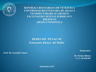 DERECHO PENAL III
Estructura Básica del Delito
Integrantes:
Br. Oriana Blanco
C.I.V-20.650.007
REPUBLICA BOLIVARIANA DE VENEZUELA
UNIVERSIDAD BICENTENARIA DE ARAGUA
VICERRECTORADO ACADEMICO
FACULTAD DE CIENCIAS JURIDICAS Y
POLITICAS
ARAGUA VENEZUELA
Prof. Dr. Franklin Yanes
Septiembre,2013
 