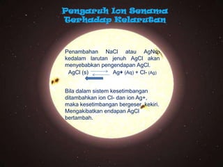 Penambahan NaCl atau AgNo3
kedalam larutan jenuh AgCl akan
menyebabkan pengendapan AgCl.
AgCl (s) Ag+ (Aq) + Cl- (Ag)
Bila dalam sistem kesetimbangan
ditambahkan ion Cl- dan ion Ag+,
maka kesetimbangan bergeser kekiri.
Mengakibatkan endapan AgCl
bertambah.
 